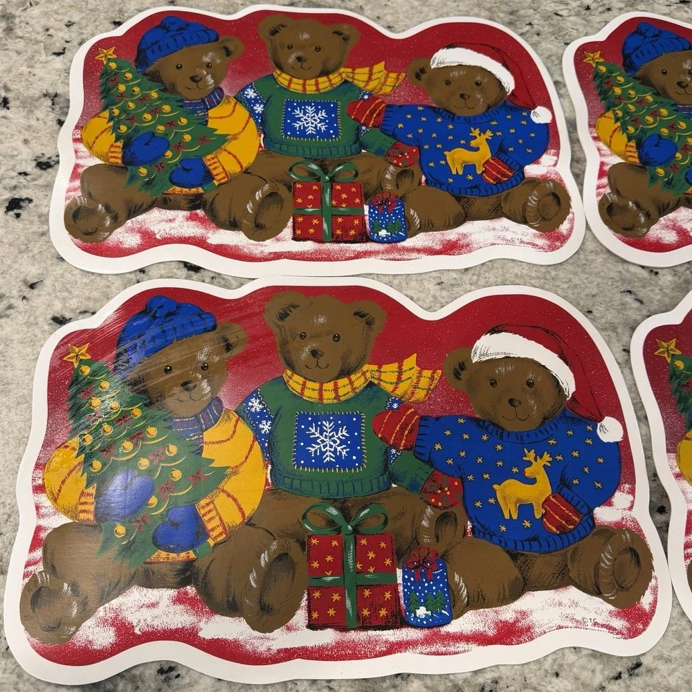 Vintage Christmas Bears Vinyl Foam Placemats Retro 80s 90s Set Of 4 Holiday